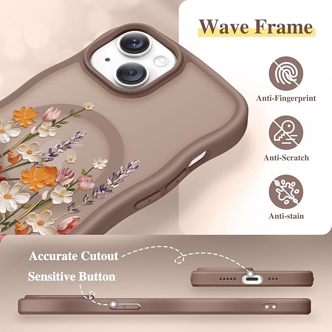 GVIEWIN Cute for iPhone 14 Case & iPhone 13 Case [Compatible with MagSafe] [Curly Wave Edge] Floral Translucent Magnetic Shockproof Protective Phone Cover for iPhone 14/13 6.1'', Primrose/Brown