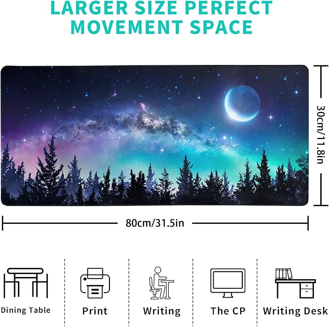Extended Gaming Mouse Pad, XL Large Keyboard Mouse Mat Desk Pad, Stitched Edges Mousepad, 3mm Thick Long Non-Slip Rubber Base Mice Pad, 31.5 X 11.8 Inch, Forest Moon Galaxy