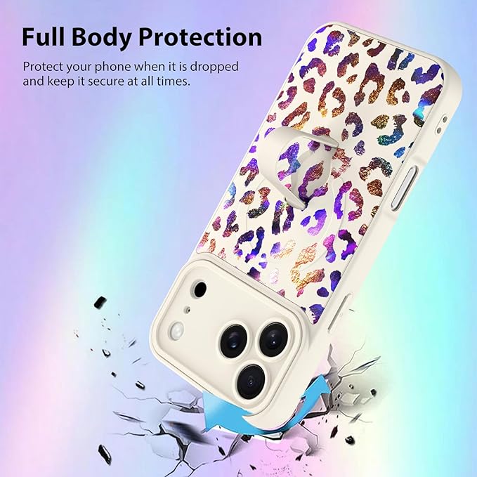 KANGHAR Compatible with iPhone 17 Pro Max Case, Support for MagSafe, Silicone Cute Iridescent Leopard Cheetah Pattern, Wristband Kickstand Shockproof Protective Slim Cover for Women Girls, White