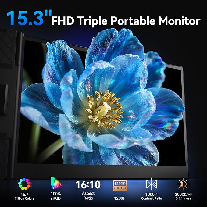 15.3" Laptop Screen Extender, 1200P FHD Ultra-Thin Triple Screen Laptop Monitor Extender, 100% sRGB Travel Portable Monitor for Laptops, Multi Screens Laptops Attachment Compatible with Windows Mac