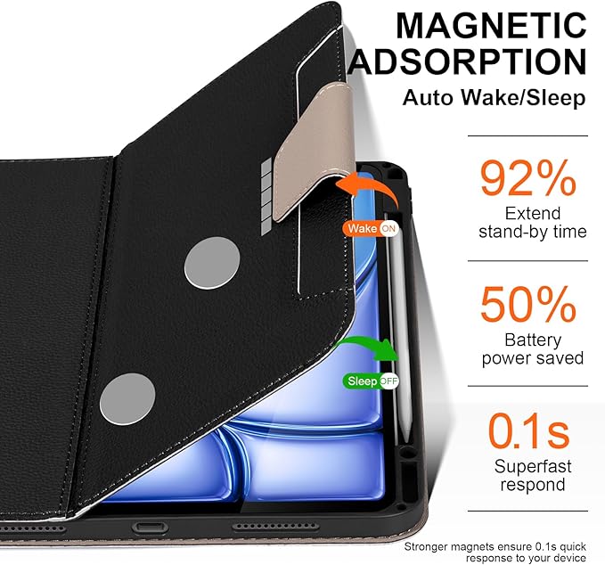 for iPad Air 13 inch Case 2024/2025/2026 M4/M3/M2 Model, Premium Smart Folio Cover with Auto Wake/Sleep, Apple Pencil 2 Holder, Multi-Angle Stand and Secure Buckle Closure (Black)