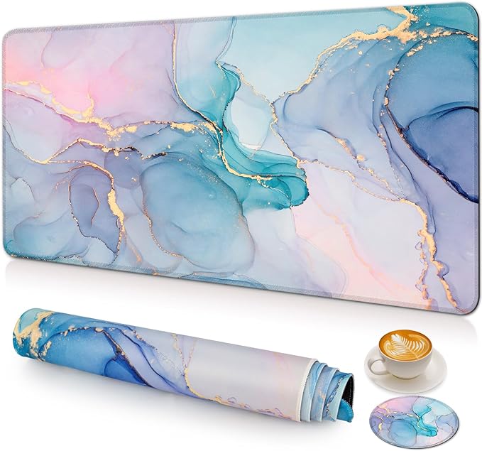 Large Gaming Mouse Pad with Coaster, Desk Matt for Desktop, Desk Pad, Mouse Pads Mat, Stitched Edges Big Extended Mousepad for Computer Keyboard Laptop Office Decor, 31.5'' x15.6''-Blue Marble