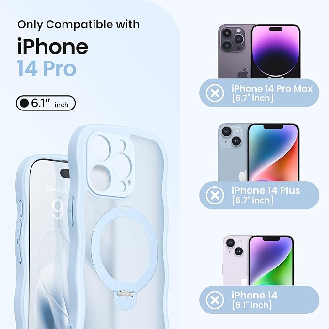 CAPRARO for iPhone 14 Pro Case with 360° Spin Magnetic Stand for Women, [Compatible with MagSafe] [Full Camera Protection] Cute Wave Translucent Matte Case for iPhone 14 Pro,Light Blue