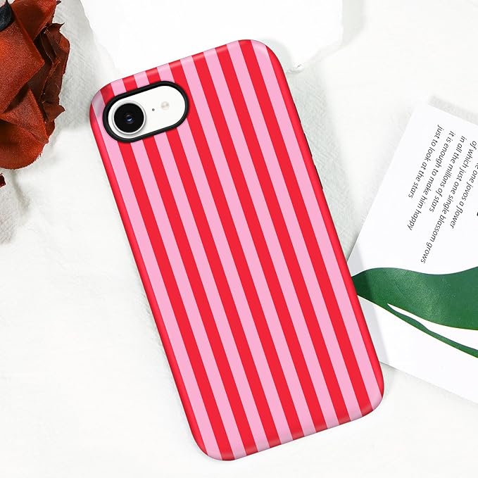 Magnetic for iPhone 16e Case Cute Stripes Phone Case, Shockproof Slim TPU and Hard PC Protective Phone Cover Compatible with MagSafe Designed for Women Girls, Red and Pink