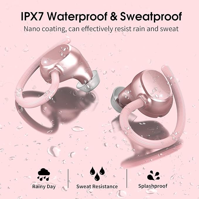 Wireless Earbuds for Small Ear, HiFi Stereo Sport Bluetooth 5.3 Headphones with Earhooks, 48H Deep Bass Running Ear Buds with LED Display, Noise Cancelling, IP7 Waterproof Built-in Mic for iOS Android