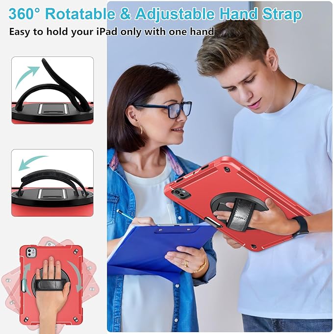 Case for iPad Pro 11 M5 2025/ M4 2024: Protective Cover for iPad Pro 11 Inch 5th Generation with Screen Protector- Stand- Handle- Shoulder Strap- Pencil Holder-Red