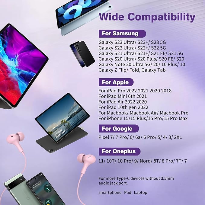 USB C Headphones for iPhone 17 16 15 Plus/Galaxy S26 S25 Wired Earbuds with Microphone for Samsung S24 S23 S22 S21 S20 Ultra, Magnetic Noise Canceling in-Ear Type C Earphone for iPad 10/Pixel 8a, Pink