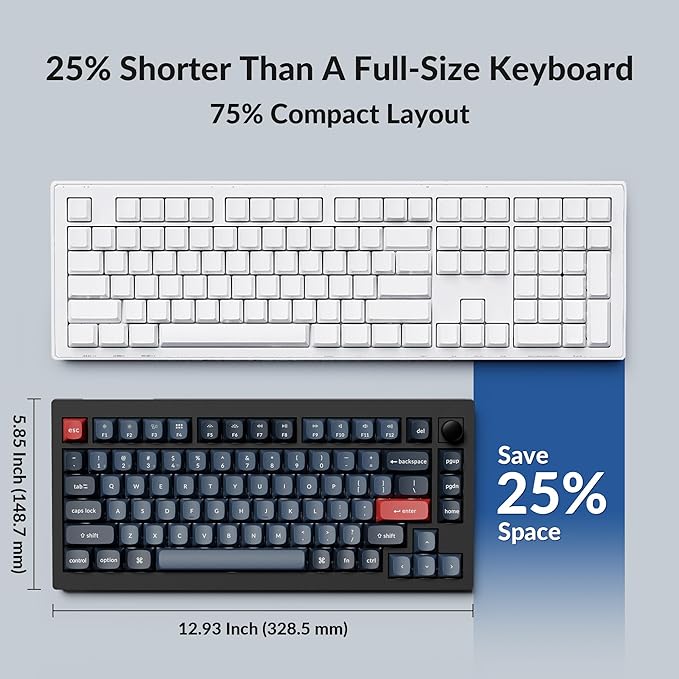 Keychron V1 Max 75% RGB Custom Mechanical Keyboard, 2.4Ghz/Bluetooth 5.1/Wired QMK/VIA Programmable Macro, Hot-Swappable Gateron Jupiter Red Switch Gasket Mount for Mac Windows Linux