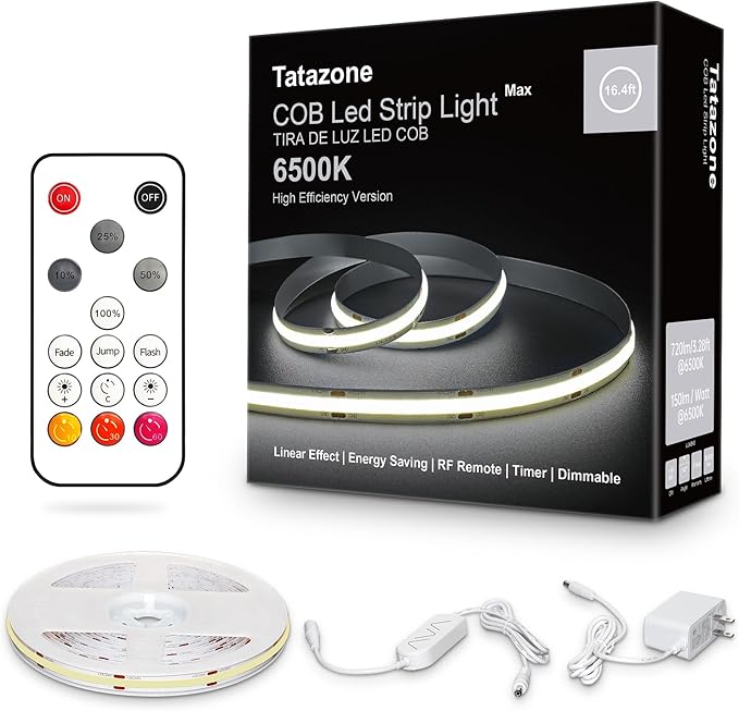 Tatazone White COB Led Strip Light Max with RF Remote, 16.4ft 6500K CRI93+ Dimmable Ultra Bright Daylight White COB Light Strip, Indoor COB Led Lights for Mirror, Kitchen, Room, Cabinet, Closet