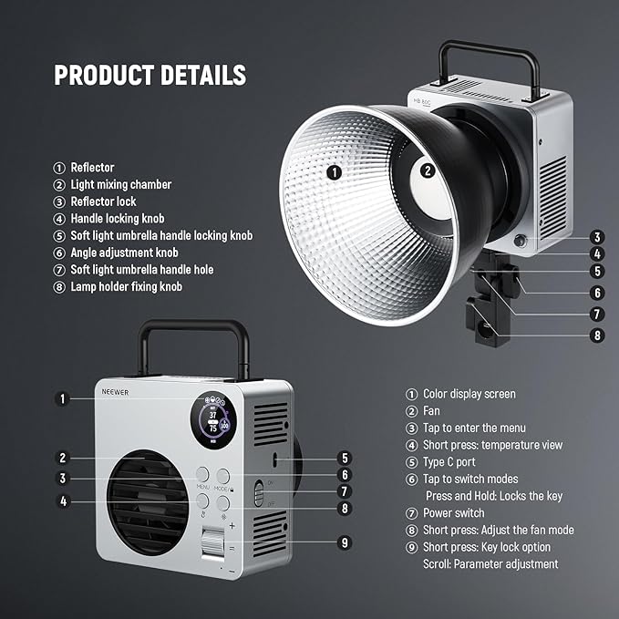 NEEWER 80W RGBWW LED Video Light with 72Wh Battery, 100W PD Fast Charger, APP/2.4G Control, 10400lux/m 2500K-7500K, Mini RGB Bowens Mount Studio Photography Recording Continuous Output Lighting, HB80C