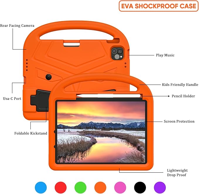 Kids Case for Apple iPad Air 11 inch M3/M2 & iPad Pro 11 inch M5/M4 (2025/2024) with Pencil Holder/Handle/Kickstand Lightweight Soft EVA Foam Shockproof Stand Girls Boys Cover, Orange Bird