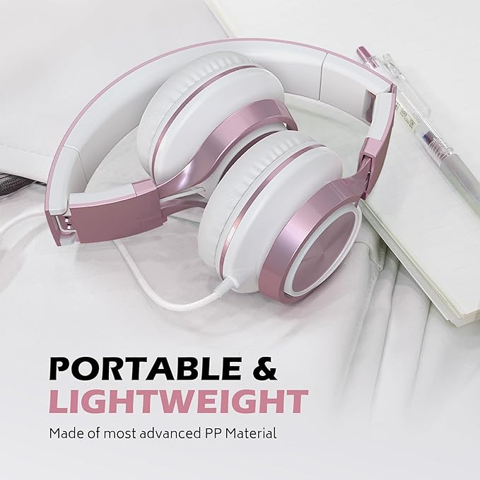AILIHEN C8 Wired Headphones with Mic & Volume Control - Noise Isolating On-Ear Headphones for Girls School, Plug in Corded 3.5mm Headsets for Chromebook Laptop Computer PC Tablets Travel (Rose Gold)