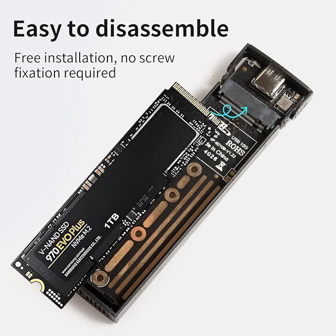 M2 SSD Enclosure, USB 3.2 to SATA Adapter, 10Gbps High-Speed Data Transfer, Tool-Free Installation, Compatible with 2230/2242/2260/2280 M.2 NVMe SSD, Aluminum Alloy Case, Portable & Durable