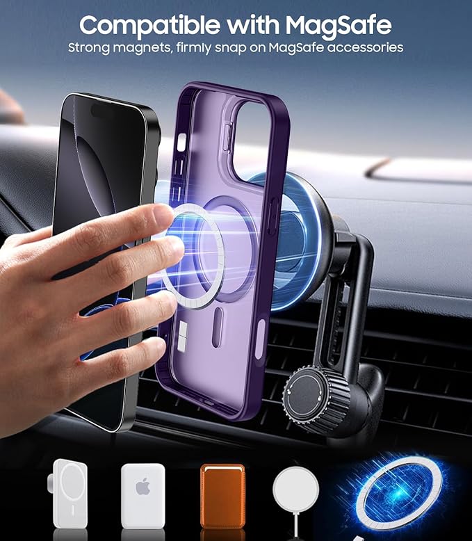 TOBOVON for iPhone 16 Pro Max Case, Compatible with MagSafe, Built-in Camera Ring Stand, with Individual Camera Cover, Translucent Matte Military-Grade Drop Protection Magnetic Case, Purple