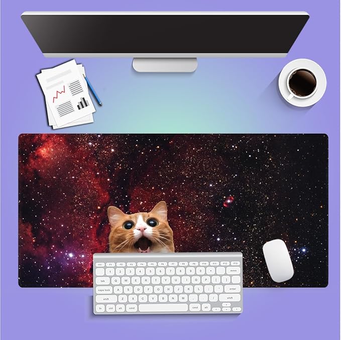 Large Gaming Mouse Pad (31.5" x 15.8") - Cute Space Cat Lovely Galaxy Kitten Screaming in Space, Extra XXL Extended Office Accessories, Premium Stitched Anti-Slip Desk Mat