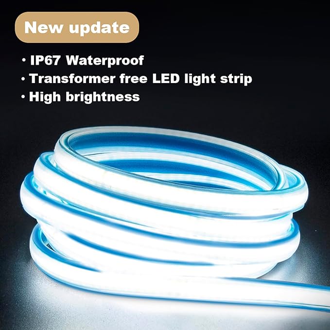 110 Volt COB LED Strips Lights 1 Meter IP67 Waterproof LED Light Strips Cold White with US Plug 10 Watt Light Strip 6000K 3.28 Feet (Cold White, 3.28ft)