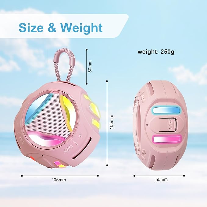 Portable Bluetooth Speaker, IPX7 Waterproof Wireless Outdoor Speakers, Mini Shower Speaker, Floating, Built-in Mic, 24H Playtime with LED Lights,Loud HD Sound, Powerful Bass, Gifts for Unisex - Pink