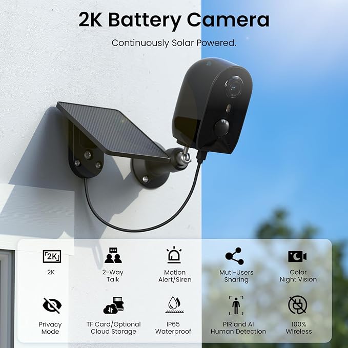 AOQEE Security Cameras Wireless Outdoor-2.4Ghz WiFi Cameras for Home Security, Battery Powered with Solar Panel, Color Night Vision, AI Motion Detection, SD Card/Cloud Storage, Work with Alexa, Y8 2P