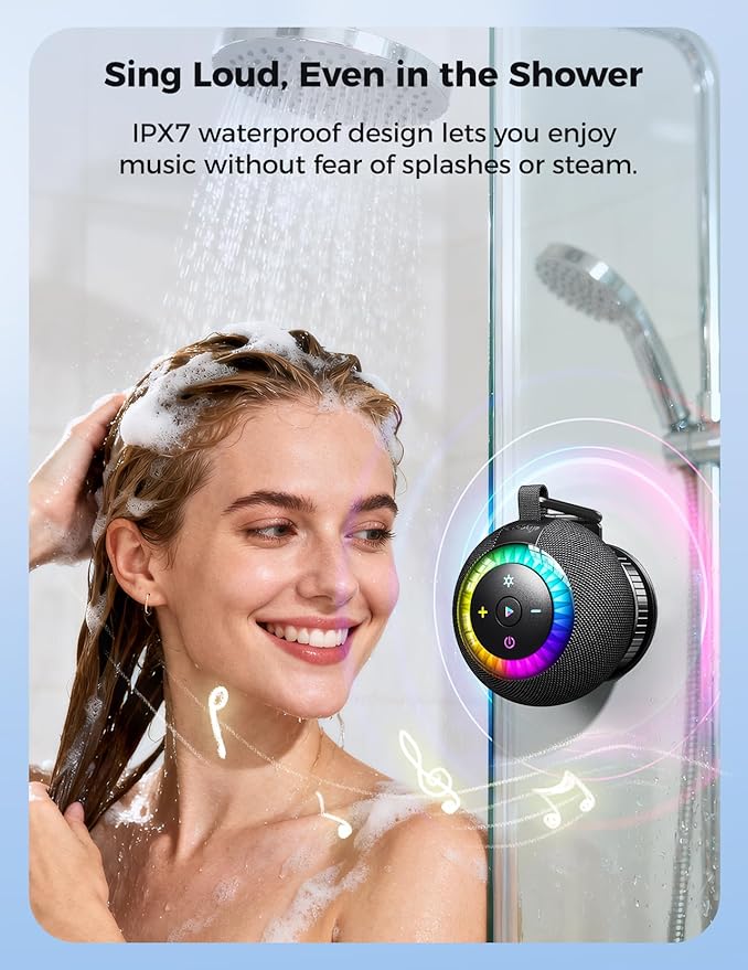 Shower Speaker Bluetooth Waterproof Portable: 360° Surround Sound, IPX7 Suction Cup Removable with Vacuum Exhaust Knob, RGB Lights, Beach/Pool/Camping/Kayak Essentials, Gifts for Mom Teens-Black