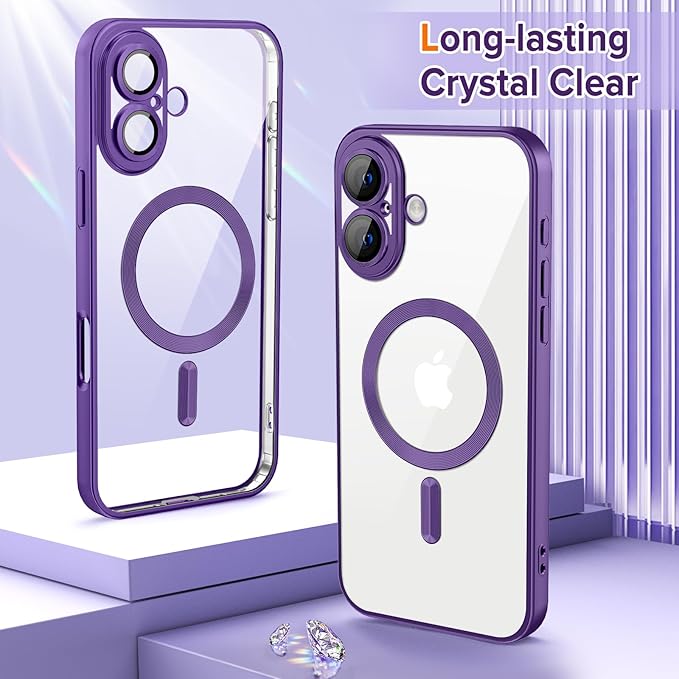 Hython Magnetic Clear for iPhone 16 Case with Camera Lens Protector [Compatible with MagSafe] Luxury Plating Edge Slim Soft TPU Cover Protective Phone Case for iPhone 16 6.1", Matte Purple