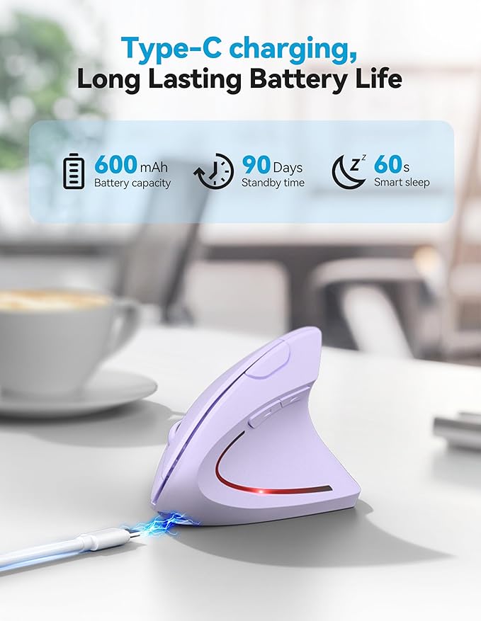 TECKNET Ergonomic Mouse, Rechargeable 2.4G+Bluetooth Vertical Mice 6 DPI Adjustable, Wireless Optical Carpal Tunnel Mouse Right Hand, Multi Device for Laptop, PC, Computer, MacBook - Light Purple