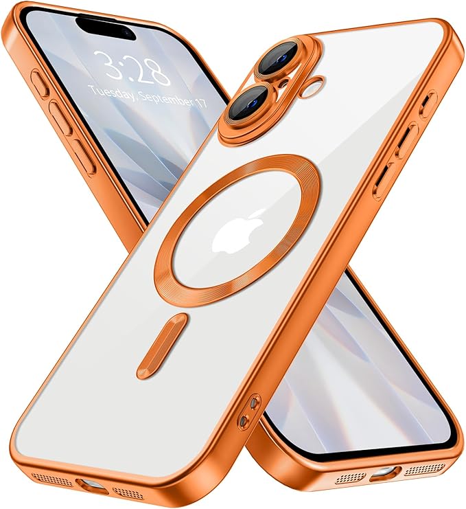 Hython Magnetic Clear for iPhone 17 Case with Camera Lens Protector [Compatible with MagSafe] Luxury Plating Edge Slim Soft TPU Cover Protective Phone Case for iPhone 17 6.3", Matte Orange