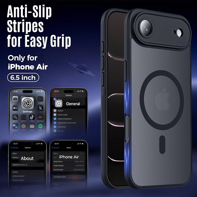 Symcele Designed for iPhone Air Case, Compatible with MagSafe, [Camera Protection] [15FT Military Drop Protection] Shockproof Translucent Matte Anti-Slip Thin Slim Phone Case, 6.5", Black