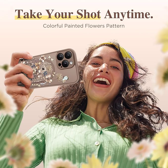 GVIEWIN for iPhone 15 Pro Max Case Compatible with MagSafe, [Military Grade Protection] [Screen Protector] Full Camera Protection Floral Translucent Women Magnetic Phone Case, Autumnflit/Brown