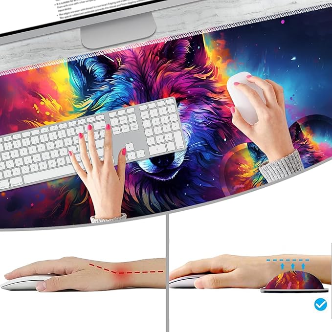 Extended Non-Slip Mouse Pad + Mouse Wrist Rest + Lace-Shaped Coaster Set, Ergonomic Design, Suitable for Desk and Home Gaming Table Mat, Colorful Space Wolf