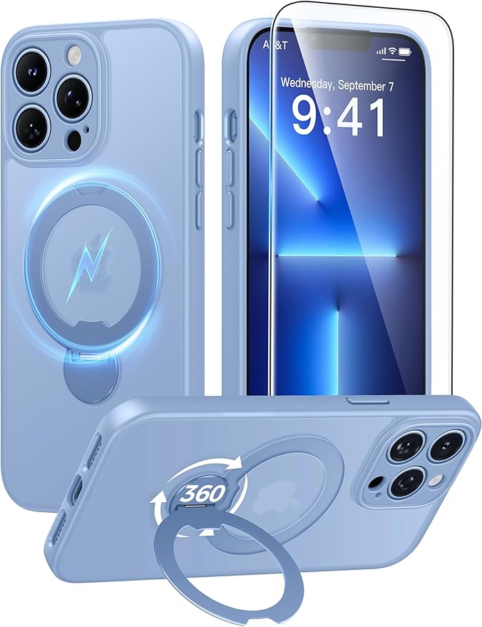 FNTCASE for iPhone 13 Pro Case: [360 Spin Magnetic Stand] [Compatible with Magsafe] [Screen Protector] Translucent Matte Military Grade Shockproof Full Camera Protective Phone Cover - Light Blue