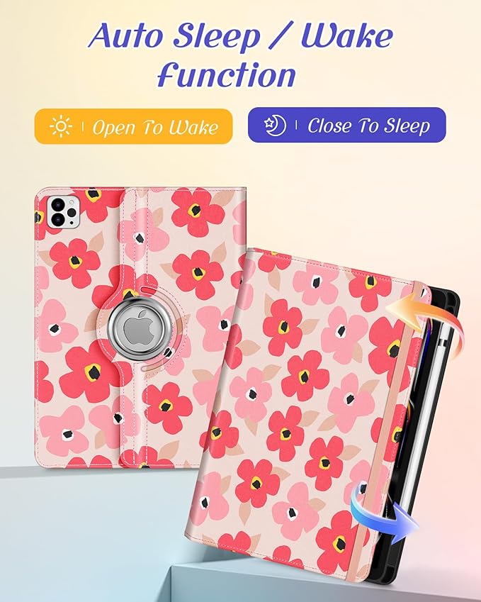 Kidcube for iPad Pro 11 Inch Case M4 2024 5th Generation - Women Girls Cute Rotating Stand Folio Cover with Pencil Holder & Card Slot Kawaii Floral Flower Design for iPad Pro 11'' Case 2024 M4 5th Gen