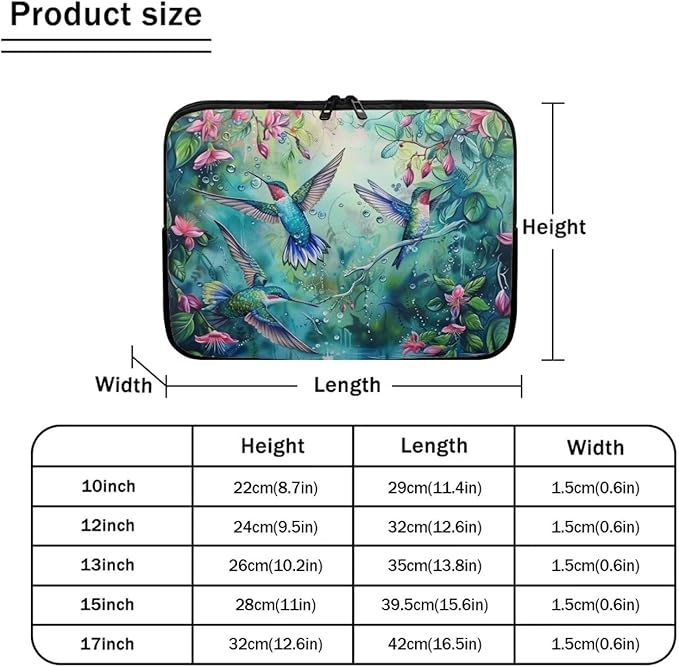 Hummingbird Flower Computer Sleeve for Women Laptop Sleeve 12 inch Neoprene Laptop Covers with Padded Compartment Lap Top Case Computer Carrying Bag