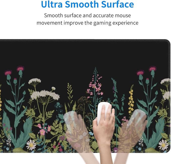 Weeds Flowers Large Gaming Mouse Pad Desk Mat, Cute Funny Gifts Big Keyboard Pad with Stitched Edges for Laptop, XL Long Extended Full Non-Slip Base Mousepad for Women Office Decor Black 31.5*11.8 In