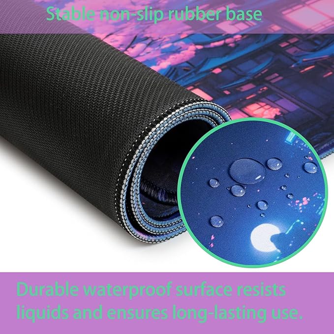 Simpkeely Fantasy Night City Gaming Mouse Pad, Blacklight Japanese Residential Buildings Landscape Neon Large Waterproof UV Reactive Non-Slip Rubber Base Mousemat for Office Home - 31.5" x 11.8"