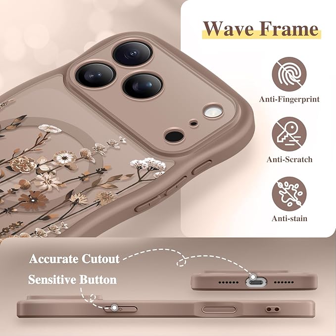 GVIEWIN for iPhone 17 Pro Max Case Compatible with MagSafe [Curly Wave Edge][Full Camera Protection] Floral Translucent Shockproof Magnetic Women Phone Case for 17 Pro Max, Floratopia/Brown