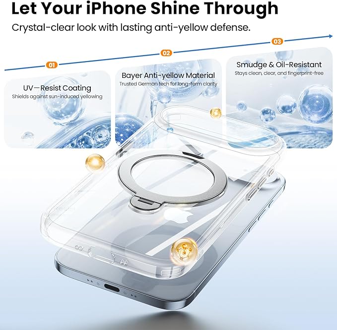 360° Ring Stand for iPhone Air Case, Compatible with MagSafe, Military-Grade Protective,Anti-Yellowing, Scratch-Resistant Back Cover Phone Case for iPhone Air 6.5'', Clear
