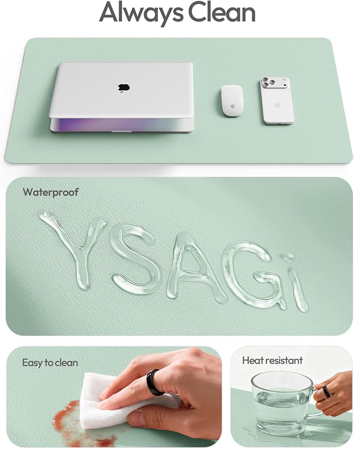 YSAGi Leather Desk Protector, Office Mat, Large Mouse Mat, Non-Slip PU Leather Blotter, Laptop Desk Pad, Waterproof Writing Pad for Office and Home (Pale Green, 47" x 17")