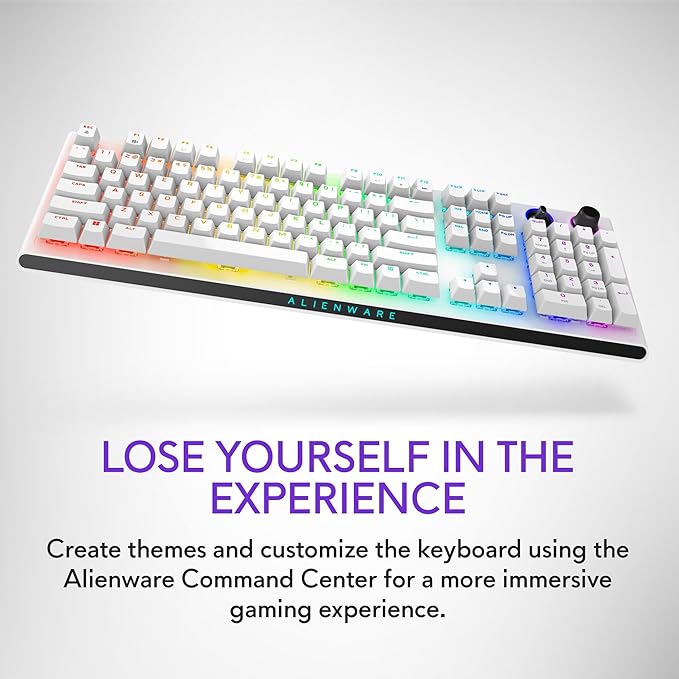 Alienware AW920K Tri-Mode Wireless Gaming Keyboard - Rechargeable, Wireless/Wired, Magnetic Snap-on Charging, Programmable Rocker Switch and Dial, AlienFX per-Key RGB - Lunar Light