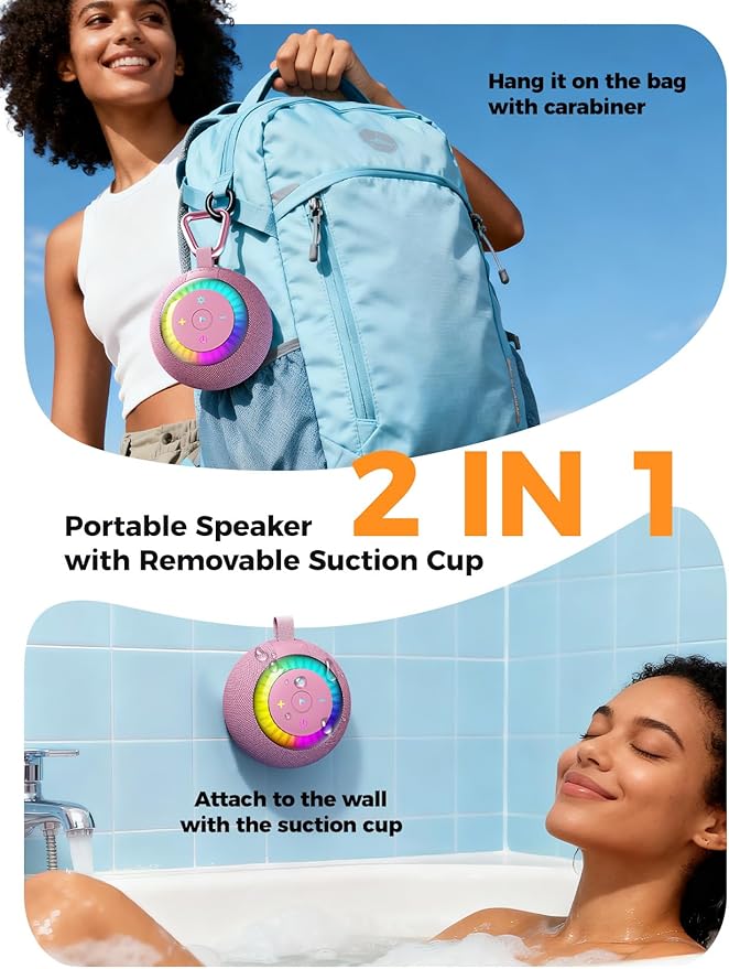 Shower Speaker Bluetooth Waterproof Portable: 360° Surround Sound, IPX7 Suction Cup Removable with Vacuum Exhaust Knob, RGB Lights, Beach/Pool/Camping/Kayak Essentials, Gifts for Mom Teens-Pink