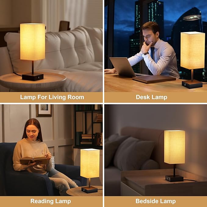 Bedside Lamps, Table Lamp with USB C+A Charging Ports, 3 Way Dimmable Touch Control, Small Nightstand Lamps for Bedroom, Home Decor, Living Room, LED Bulbs Included, Upgraded Beige