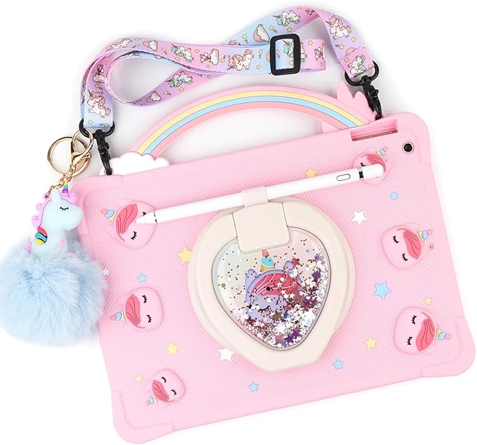 [Super Cute Rainbow Unicorn Case] Kids Case for iPad 9.7'' Air 1st Gen/iPad 5 2016 Model Case Cover for Kids Girls with Hand Strap and 360° Rotating Stand - Pink