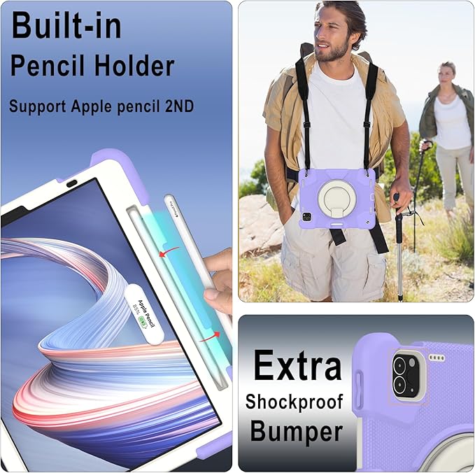 SCSVPN for iPad Air 5th/4th Generation Case 10.9'', Protective Kids Case for iPad Pro 11 Inch 2022 2021 2020 2018(4th/3rd/2nd/1st gen) with Pencil Holder-Rotation Stand/Handle-Shoulder Strap, Purple