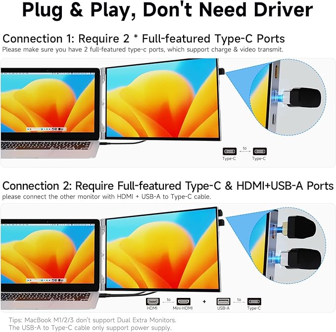 15'' Portable Laptop Screen Extender - Triple Monitor Setup, Dual 1080P FHD Displays, Aluminum Travel Monitor Multi Screen Attachment for 13.3-16.5'' Laptop with USB-C HDMI