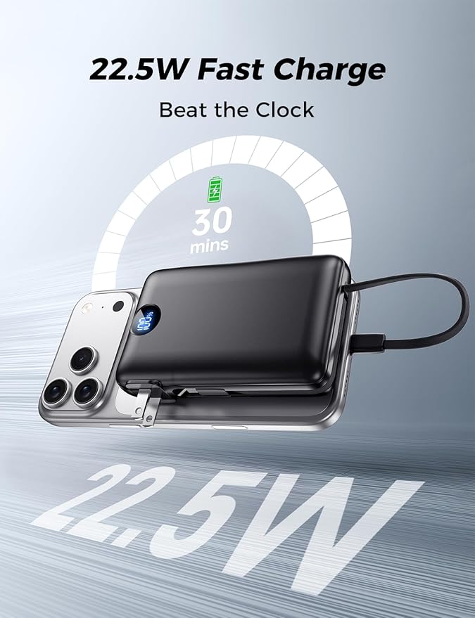 Power Bank, 50000 mAh Portable Charger with Built in Cable & Wall Plug, 22.5W Fast Charging, Travel Essential Battery Pack with LED Display for iPhone 17/16/15/14 Series, Galaxy, iPad Dark