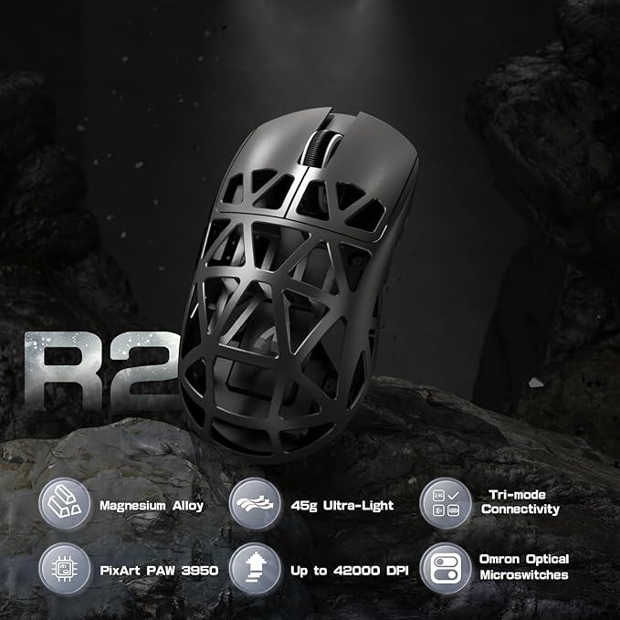 ATTACK SHARK R2PRO 45g Superlight Magnesium Alloy Mouse, PixArt PAW3950 Sensor, 42000DPI, 8000Hz Wireless Polling Rate, 2.4G/BT/Wired Gaming Mouse, Programmable Mice with Coiled Cable, PC/Mac, Grey