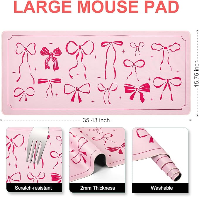 L-SPOUTTO Pink Bow Desk Mat for Keyboard and Mouse,XXL Large Mouse Pad Non-Slip Keyboard Pad Waterproof Desktop Mat for Laptop Computer Work Game Home Office-Pink Ribbon