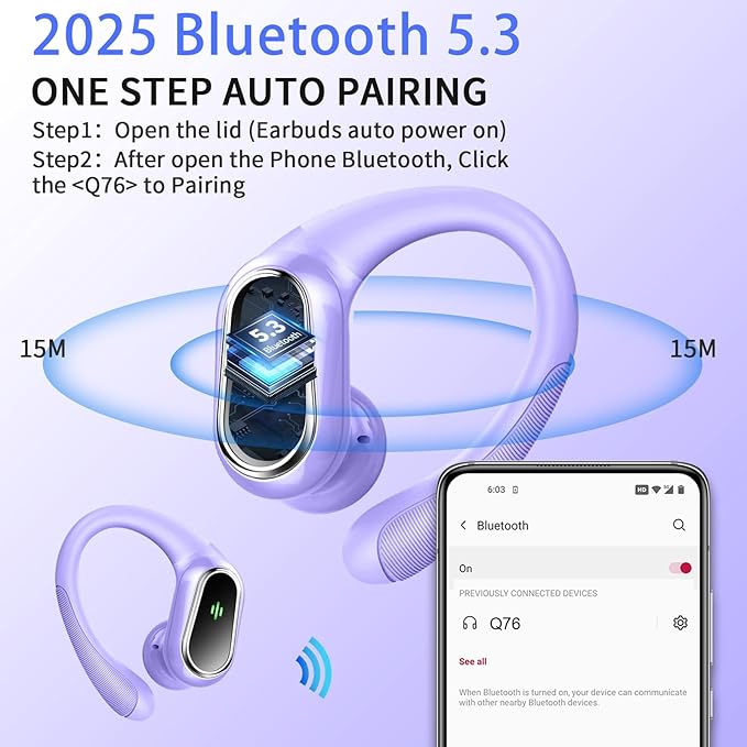 Wireless Earbuds, 2026 Bluetooth 5.4 Headphones Sport, 50Hrs HiFi Stereo Deep Bass Over-Ear buds with ENC Noise Cancelling Mic, IP7 Waterproof & LED Display Earphones with Earhooks for Workout/Running