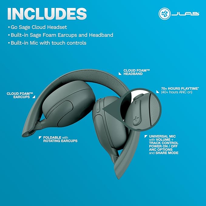 JLab, Go Lux ANC, On Ear Headphones, Hybrid Active Noise Cancelling, Bluetooth, Multipoint Connection, Sage