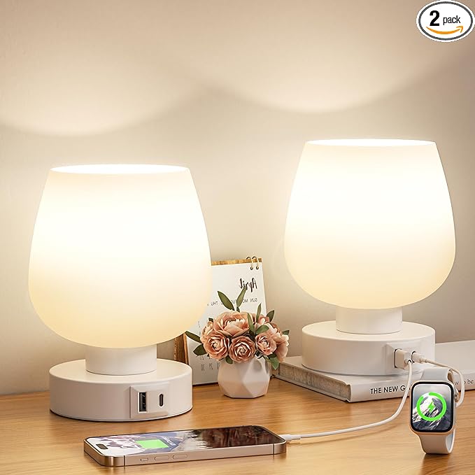 Seealle Touch Table Lamp for Nightstand Set of 2 - Bedside Lamp with USB C+A Charging Ports for Bedroom Living Room Night Stands, Desk Lamp with White Glass Shade for Small Spaces, 3 Way Dimmable