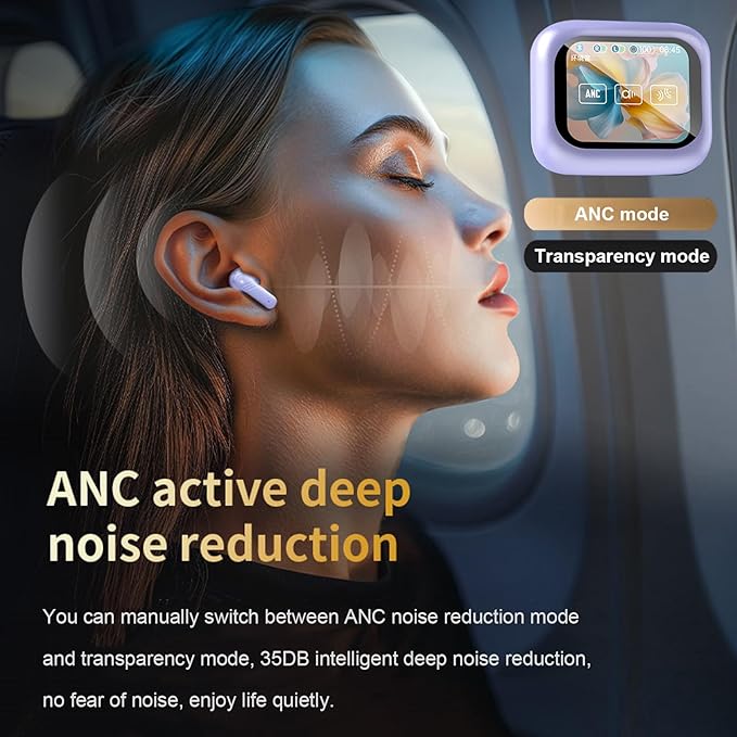 Active Noise Cancelling Touchscreen Earbuds ANC with Smart Touch Screen Case, Blue Tooth Ear Buds With Screen on Case Earphones for iPhone Android Purple TWS True Wireless Bluetooth Earbuds Headphones